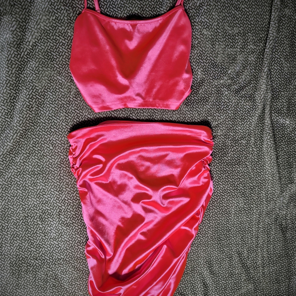 SHEIN Neon Pink Satin Two-Piece Set – Ruched Skirt & Crop Top (Size S)